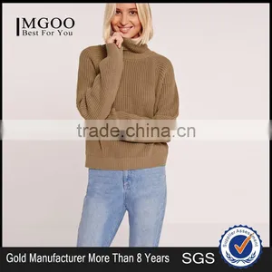 Oversized Drop Shoulder Roll Neck Crop Jumper Knitwear Sweater High Collar Pullover Brown Women Winter Clothings thumbnail-1