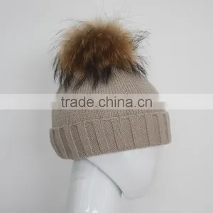 Myfur Winter Woolen Knitting Beanie Hat With Removable Raccoon Fur Bobble Top thumbnail-4