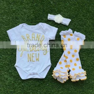 Baby Girls Boutique Clothing Infant Girl Kids Clothes White Gold Dot Brand Romper With Matching Headband and Legwarmer Set thumbnail-2