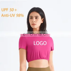 Classical Round Neck Short Sleeve Tee Quick Dry Women Gym Sports Yoga T-shirts Ribbed Anti-UV Sunscreen Workout Fitness Crop Top thumbnail-1