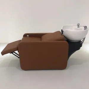 Modern Style Hair Salon Brown Leather Shampoo Chair With White Washing Sink & Adjustable Footrest for Styling Salon thumbnail-3
