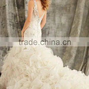 Ruffle Wedding Dress Women Ivory Organza Lace Wedding Mermaid Dress Open Back V-neck Bridal Gowns thumbnail-2