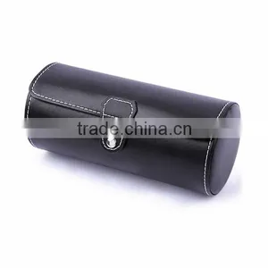 Custom Black Cylinder Leather Zipper Retainer Box For Wrist Watch thumbnail-2