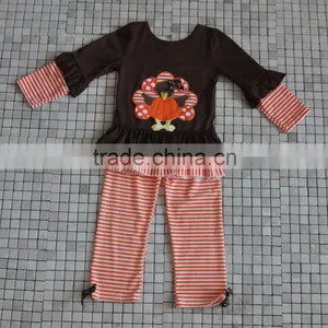 New Coming Brown Turkey Top Matching Orange and White Chevron Pants Thanksgiving Baby Clothes thumbnail-3