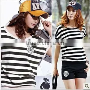 Fashion 100% Cotton Women' Short Sleeve With Shorts Stripes O-neck Track Suit thumbnail-1