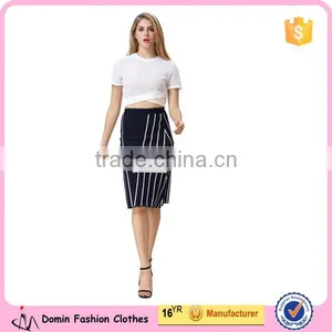2016 New Arrival White & Black Stripe Knited Crop and Skirt Co-ord Set thumbnail-1
