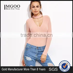 Pink Cut Out Mock Neck Zipper Back Ribbed Bodysuit Cotton Blends Long Sleeve Sexy V Neck Sweater thumbnail-1