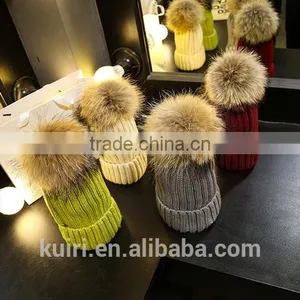 Wholesale Real Mink Fur Pom Poms Knitted Hat Ball Beanies Winter Hat For Women Girl 'S Wool Hat Cotton Thick Female Cap thumbnail-1