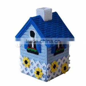 Plastic & Cotton Cross Stitch Tissue Box Blue House Flower Pattern 20cm x 11.5cm,1Set thumbnail-1