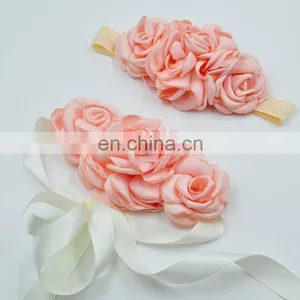Natural Blossom Bridal Sash Matching Headband Set With Cream Beige Floral Hair Piece Photo Prop thumbnail-1