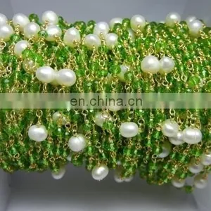 Peridot Quartz Gemstone Wire Wrapped Chain With Pearl Bead thumbnail-1