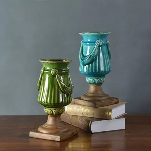 Retro European Countryside Hand Made Tall Blue Green Ceramic Flower Vase For Living Room thumbnail-1