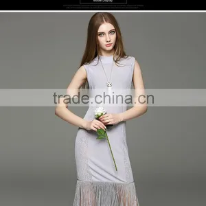 2017 Hot New Women Hollow Knit Dress Sleeveless Slim Hip Long Dress With Tassel thumbnail-4