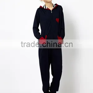 Ladies Petite Embroidered With Contrast Color Cuff Onesie Pajamas With Hood thumbnail-1