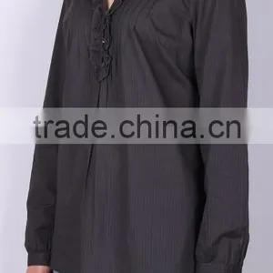 Women Ruffle Placket Blouse , Yarn Dye Long Sleeve Blouse/tops thumbnail-1
