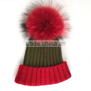 Myfur Hot Sale Christmas Adults Size Raccoon Fur Pom Pom Knitted Beanie Hat thumbnail-3
