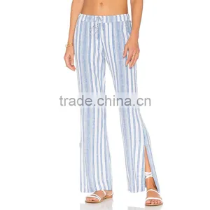 Cotton Blend Striped Drawstring Trousers Ladies Side Slit Lounge Pants thumbnail-5