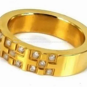 IP Gold Plated Stainless Steel Wedding Ring With Crystals thumbnail-3