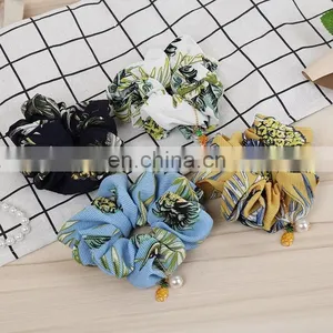 Ladies Winter Ruched Hair Rope Plain Color Imitation Pearl Pendant Charms Ponytail Holder Geometric Large Intestine Scrunchies thumbnail-2