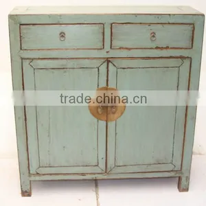 Chinese Antique Grey Blue Two Door Two Drawer Cabinet thumbnail-1