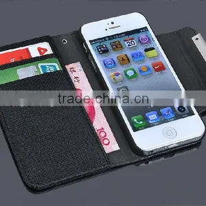 High Quality and Fashion Design Cross Pattern Cowskin Folio Wallet Leather Case for Iphone5 With Card Slots thumbnail-6