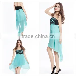 Hot Wholesale Short in Front Long Back Sexy Sky Blue no Shoulder Dress thumbnail-1