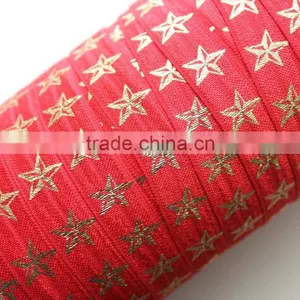5/8" Fold Over Elastic Red With Gold Stars - Pattern, Metallic, Printed Elastic Band thumbnail-1