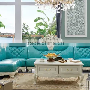 Graceful European Style Living Room Furniture Solid Wood Lily Carving Leather Corner Sofa Set thumbnail-1