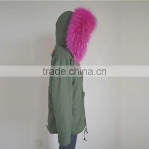 Myfur Long Parka With Rose Hot Pink Raccoon Fur Hood For Ladies thumbnail-4