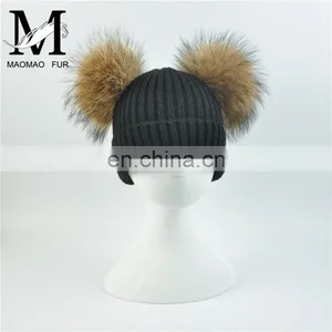 Kids Removable Fur Bobble Hat Winter Double Pom Pom Hat Crochet Kids Hat thumbnail-6