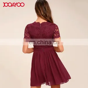 2017 Fashion Women Clothing Midi Dresses Burgundy Sexy Ladies Skater Lac Dress thumbnail-3