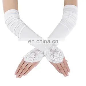 Grace Karin Womens 19" Lace Embellished Pleated Black And White Color Fingerless Gloves Bridal Wedding Gloves CL010471 thumbnail-5