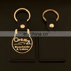 Custom Logo Gold Metal Keychain Black Leather Keychain thumbnail-1