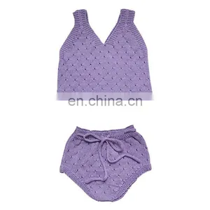 100% Cotton Knitted Kid Girl Knitted 2pcs Set On Crop and Short Sets for Knitted thumbnail-4