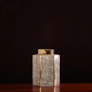 Hexagon White Porcelain Unique Black Gold Ceramic Vase For Model Room Decor thumbnail-4