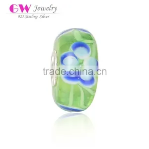 Handmade Fresh Green Color Blue Flower Murano Glass Beads Silver Charms Fit Bracelet thumbnail-1