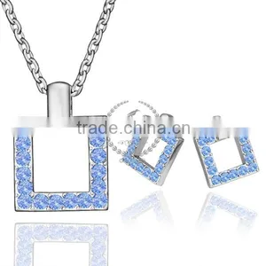 18KRG Platinum Plated Rhinestone Crystal Blue Square Pendant Charm DIY Supplies Earrings and Necklace Jewelry Set PS187 thumbnail-1