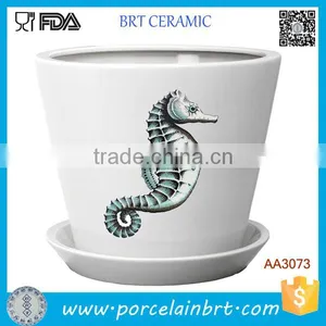 Classic Round Shape Sea Horse Print Ceramic Indoor Flower Plant Pot thumbnail-1