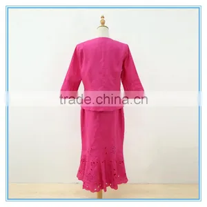 Linen Fabric Floral Embroidery Monogram Scallop Church Suits For Lady thumbnail-3