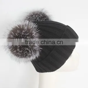Myfur Black Double Silver Fox Fur Pom Puff Knitted Funny Cute Beanie Hats thumbnail-4