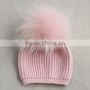 Myfur Baby Pink Raccoon Fur Pom Pom Knitting Hat With Raccoon Fur Bobble thumbnail-4