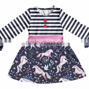 Ruffle Lace Fall Boutique Outifit Princess Print Unicorn Pattern Cattoon Print Swing Dress Girls Casual Dress thumbnail-1