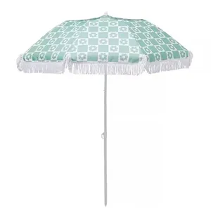 Eco-Friendly 7FT Wooden Pole Beach Umbrella Portable UPF50+ Fringe Canopy Wholesale Patio Umbrella thumbnail-2