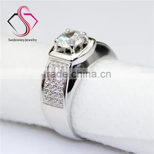 Round Brilliant Cut Moissanite 1CT 6.5mm Center 14k 18k White Gold 4 Row Accents Wide Wedding Band Men's Diamond Band thumbnail-3