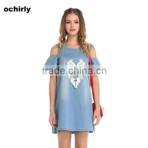 2014 New Design Women Denim Dress Pattern Fashion Design Off Shoulder Printing Bule Denim Sexy Dress thumbnail-2