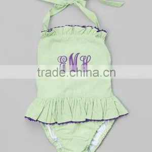 Children Baithing Suit Seersucker One Piece Swimsuit OEM ODM Baby Gingham Ric Rac Check Bodysuit thumbnail-1