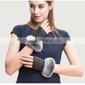 Fingerless Gloves Sheepskin Gloves Mittens With Rex Rabbit Fur Trim For Winter Lady thumbnail-1