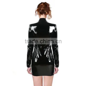 PUNK Short Black Women Leather Spanking Skirt With Long Sleeves thumbnail-4