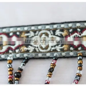 Newest Design 5 cm Width Ethnic Embroidery Nylon Webbing With Beaded Fringe thumbnail-6