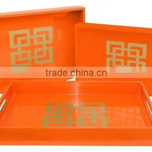 High Quality Best Selling Lacquered a Center Point Graphic Detail Juxtaposed Against the Lacquer Finish Rectangle Tray thumbnail-1